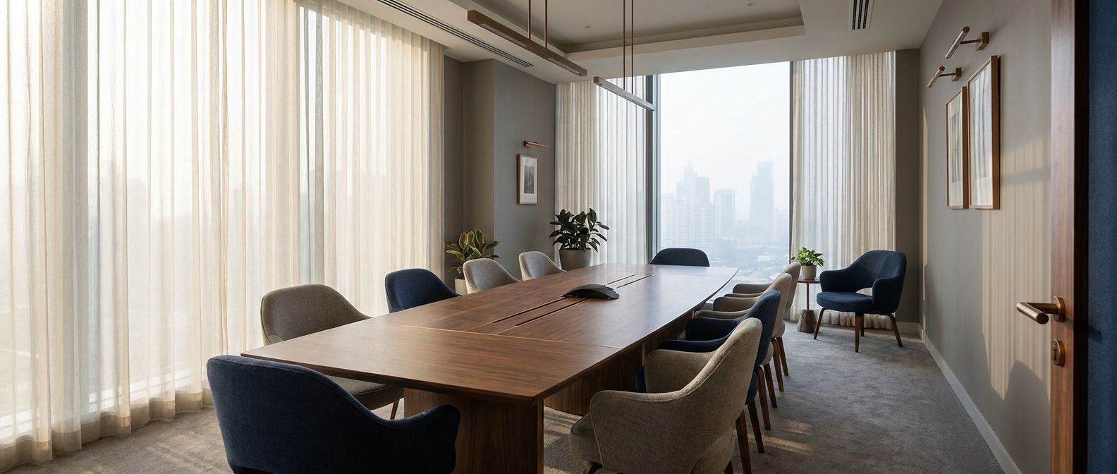 A quiet meeting room with a walnut table and a softly lit city view