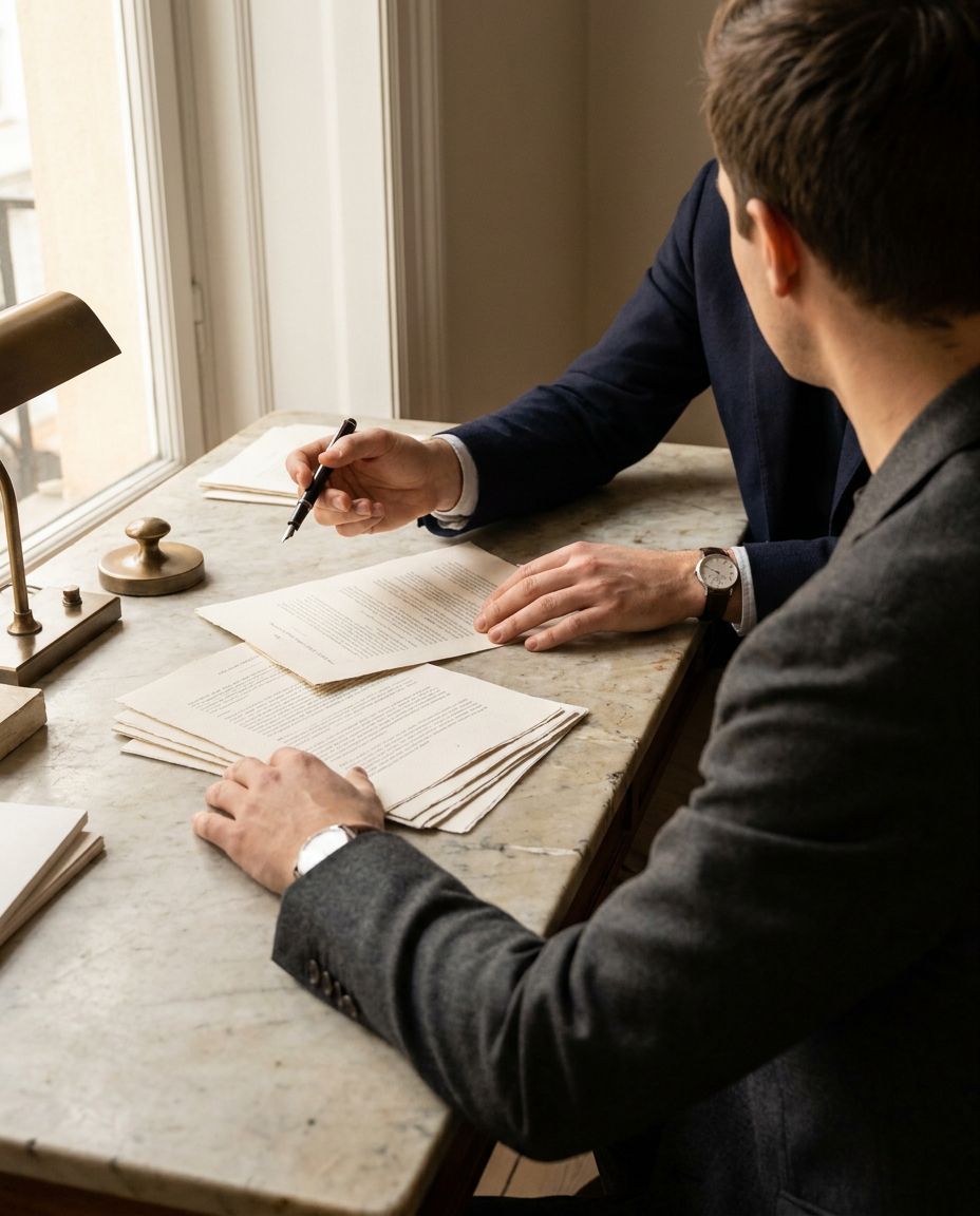 Two people reviewing documents at a marble table